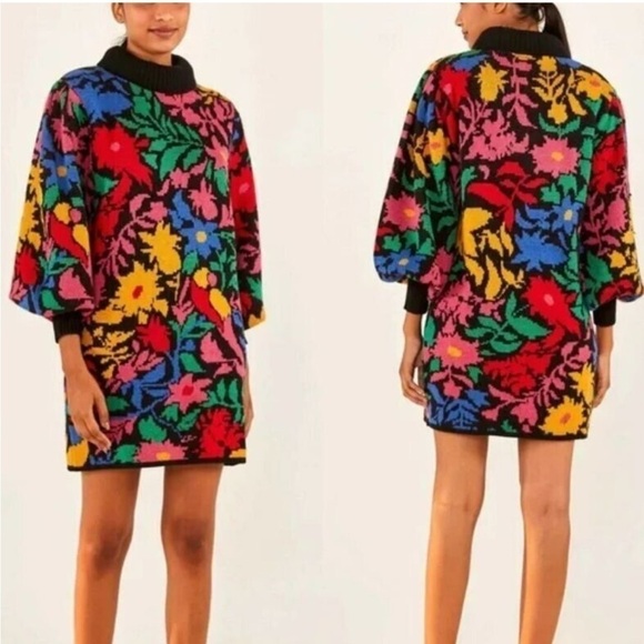 FARM RIO TROPICAL GARDEN COZY SOFT SWEATER DRESS COWL FUNNEL NECK SIZE MEDIUM - Picture 3 of 16